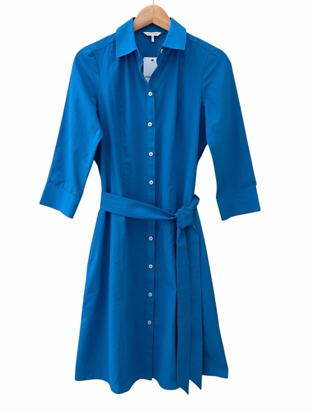 Foxcroft Seersucker Shirt Dress Size XS Blue Collared 3/4 Slv Tie Waist Pockets